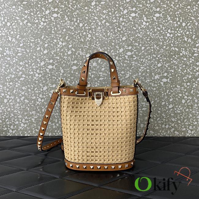 Okify Valentino Aravani Rockstud Mini Raffia Bucket Bag 16x19x8.5cm - 1