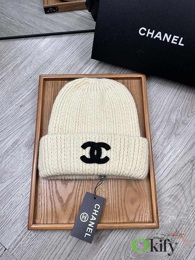 Okify Chanel Wool Beanie Cream Hat - 1