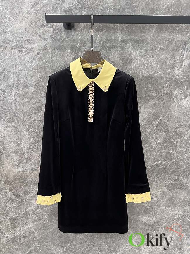 Okify YSL Yellow Collar Long Sleeve Black Dress SML - 1