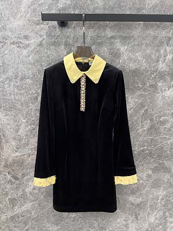 Okify YSL Yellow Collar Long Sleeve Black Dress SML