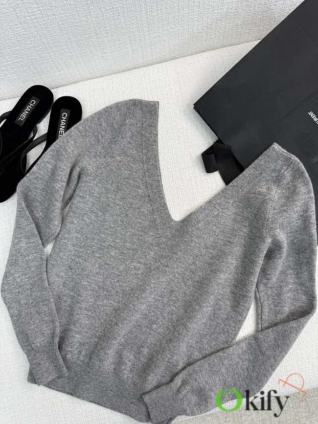 Okify YSL V collar light grey gray sweater SML - 1