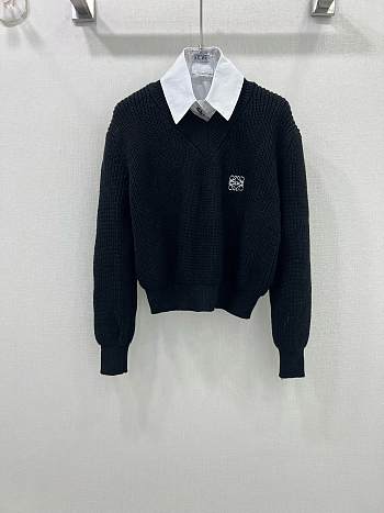 Okify Loewe white shirt collar detachable black V-neck sweater SML 