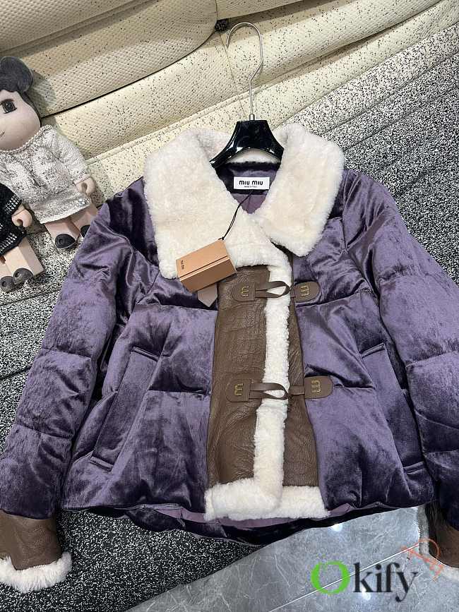 Okify MiuMiu cetate velvet spliced ​​with merino fur and white goose down jacket in purple SML  - 1