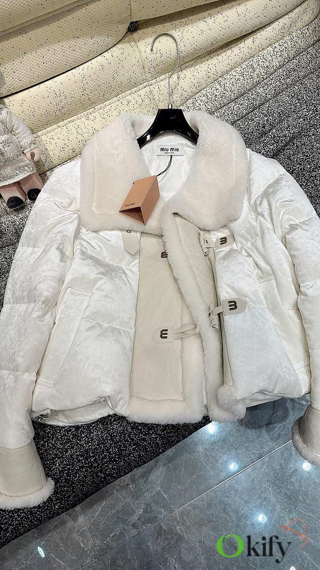 Okify MiuMiu cetate velvet spliced ​​with merino fur and white goose down jacket in white SML  - 1