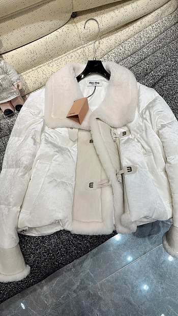 Okify MiuMiu cetate velvet spliced ​​with merino fur and white goose down jacket in white SML 