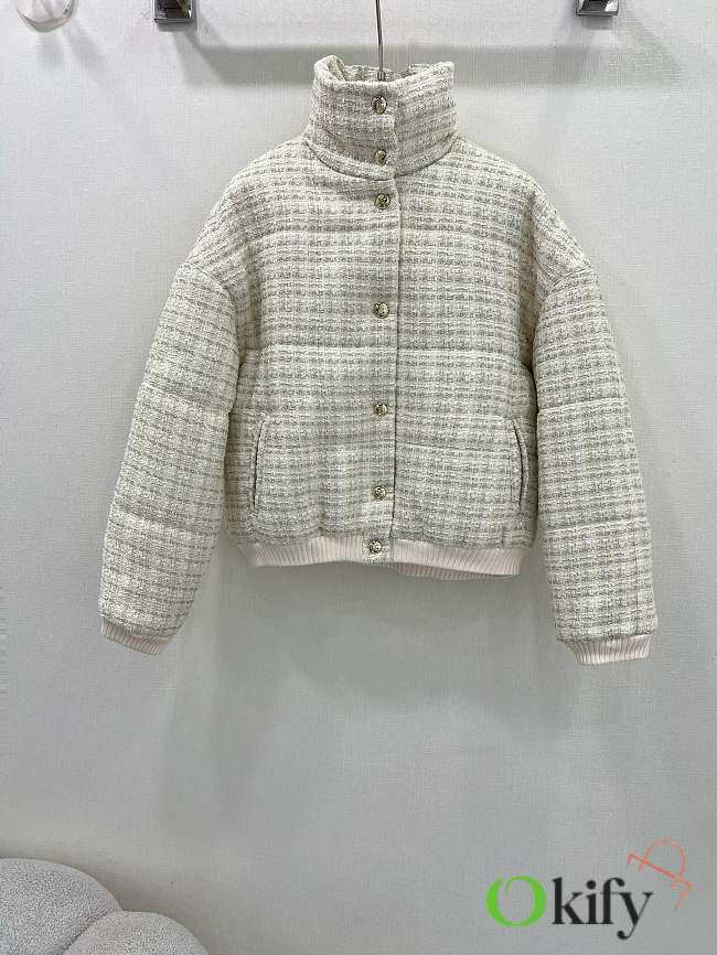 Okify Chanel woolen retro woven stand collar cotton coat in white SML - 1