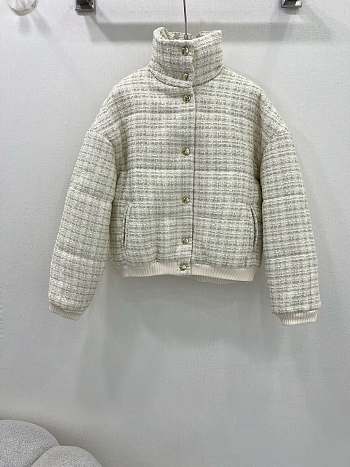 Okify Chanel woolen retro woven stand collar cotton coat in white SML