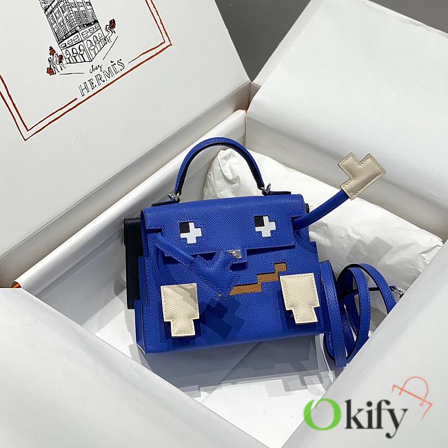 Okify Hermes Kelly Doll Picto Mosaic Bag in dark blue 18x8x13cm  - 1