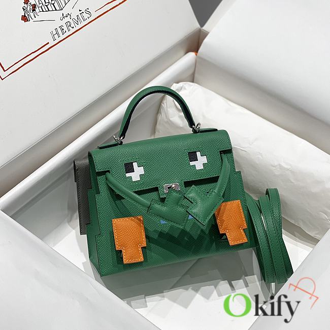 Okify Hermes Kelly Doll Picto Mosaic Bag in dark green 18x8x13cm  - 1