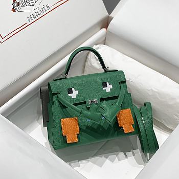 Okify Hermes Kelly Doll Picto Mosaic Bag in dark green 18x8x13cm 