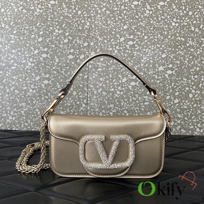 Okify Valentino Garavani Mini Loco calfskin bag with crystals in light gold 19x11x5cm - 1