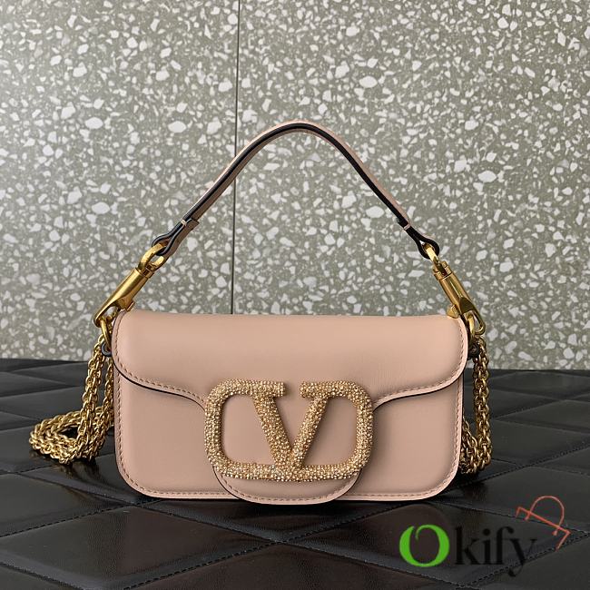 Okify Valentino Garavani Mini Loco calfskin bag with crystals in beige pink 19x11x5cm - 1