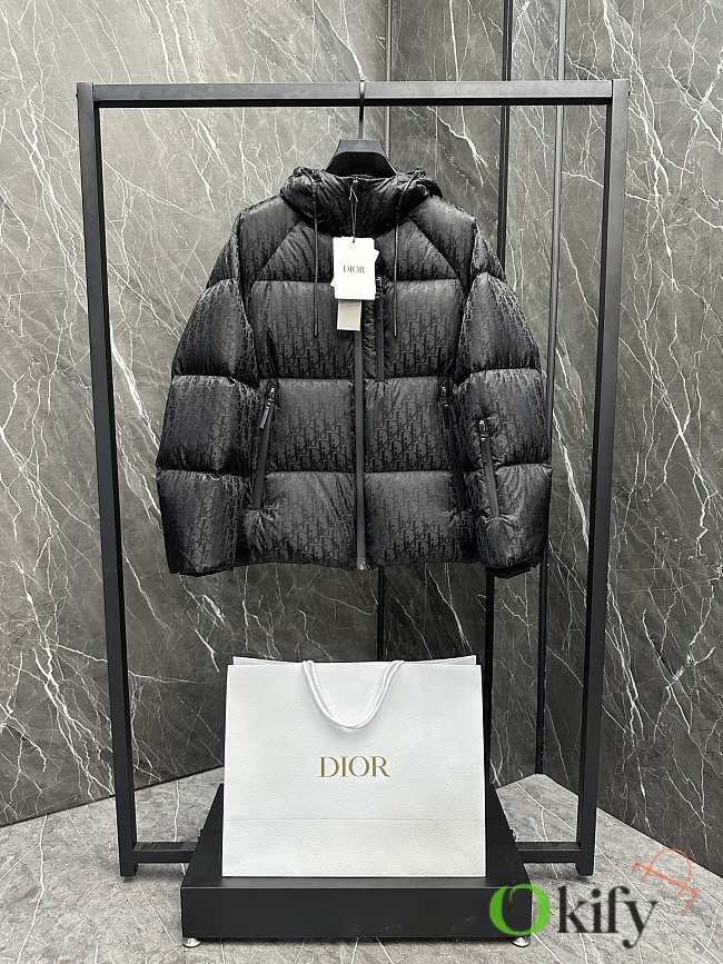 Okify Dior oblique print hooded down jacket in black - 1