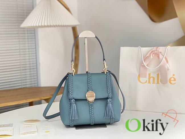 Okify Chloe Small Penelope soft shoulder bag in blue grained leather 25x20x10cm - 1