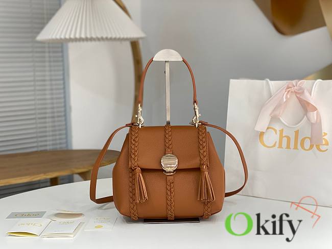 Okify Chloe Small Penelope soft shoulder bag in brown grained leather 25x20x10cm - 1