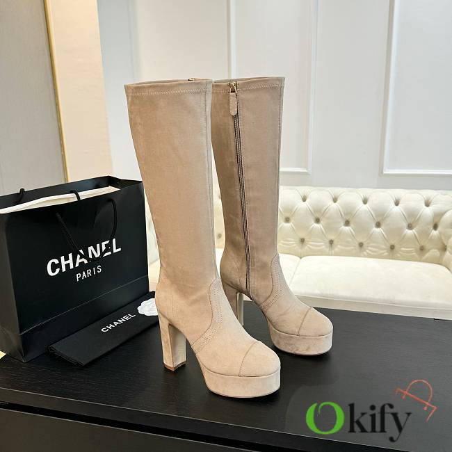 Okify Chanel Stretch Suede Calfskin Beige High Boots EU35-41 - 1