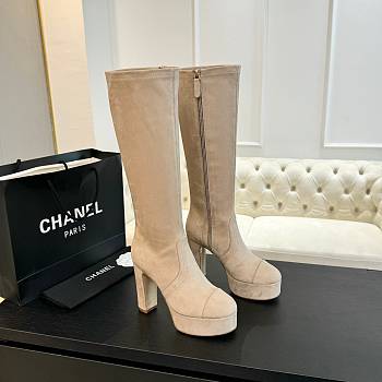 Okify Chanel Stretch Suede Calfskin Beige High Boots EU35-41