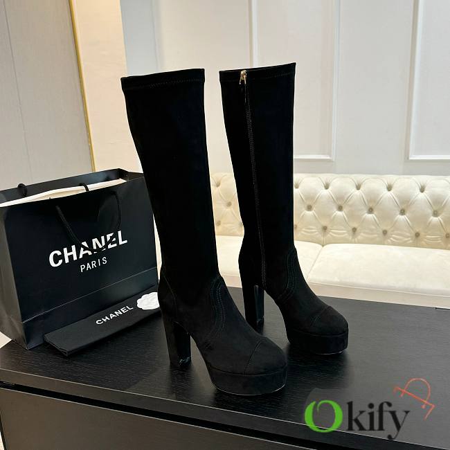 Okify Chanel Stretch Suede Calfskin Black High Boots EU35-41 - 1