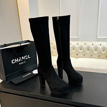 Okify Chanel Stretch Suede Calfskin Black High Boots EU35-41