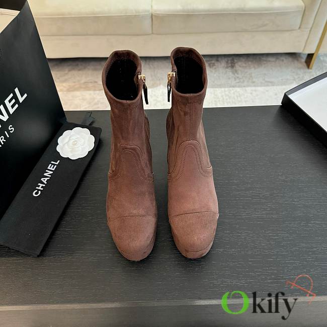 Okify Chanel Stretch Suede Calfskin Dark Brown Low Boots EU35-41 - 1