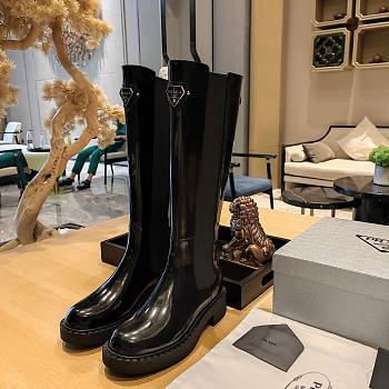 Okify Prada black open-edge pearl shiny cowhide high boots EU35-42