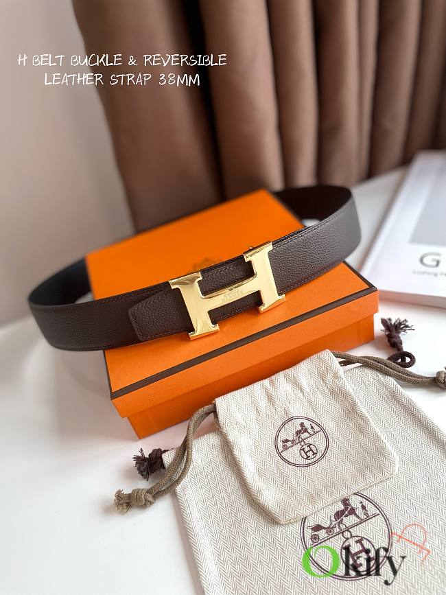 Okify Hermes H Belt Buckle and Reversible Leather Strap in dark brown and black 38mm 19125 - 1