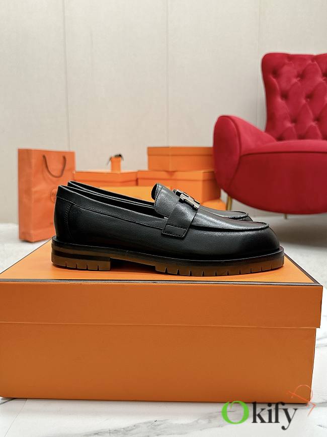 Okify Hermes Black Faubourg Loafers with brown sole EU35-41 - 1