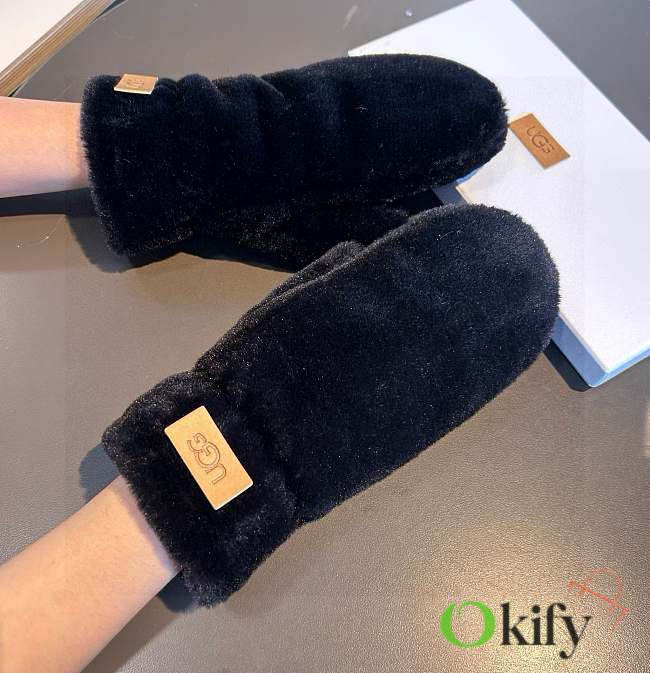 Okify UGG Black Rabbit Fur Wool Gloves - 1