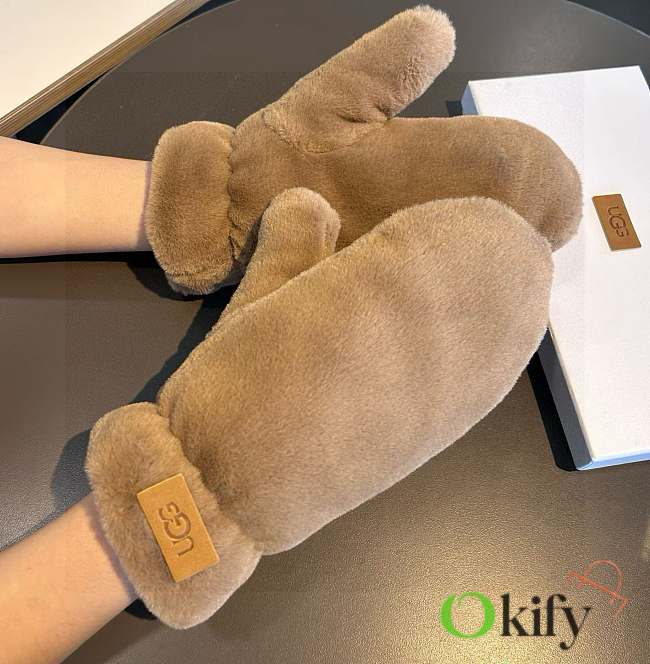 Okify UGG Brown Rabbit Fur Wool Gloves - 1