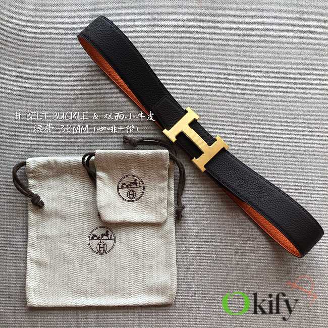 Okify Hermes H Belt Buckle and Reversible Leather Strap in brick and black 38mm 19150 - 1