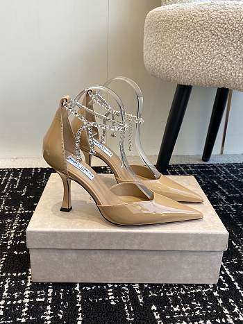 Okify Jimmy Choo strap rhinestone chain heels in beige EU35-42 