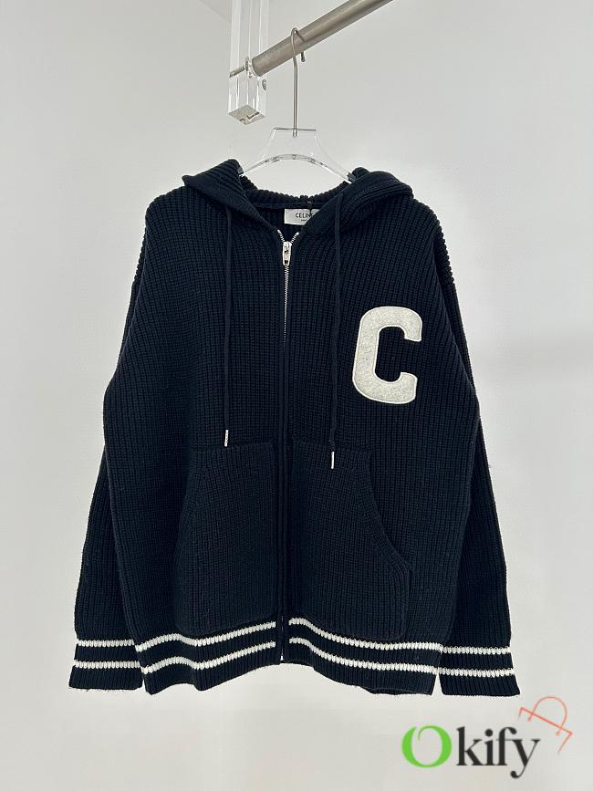 Okify Celine navy blue embroidered knitted hooded jacket SML - 1