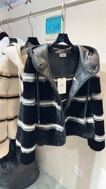 Okify Celine Sheepskin And Fur Leather Jacket in black S-XL