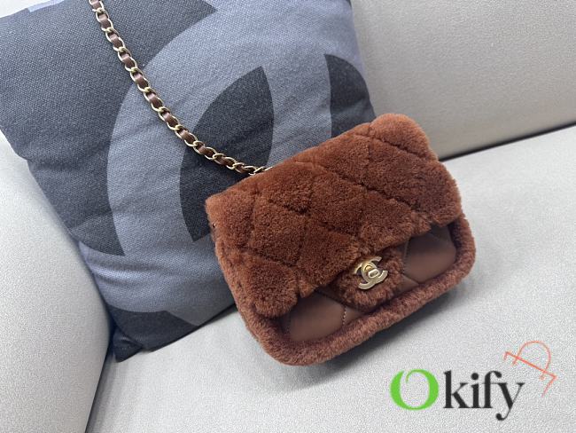 Okify Chanel Small Shearling Lambskin Flap Bag In Full Brown 12x18x6cm - 1