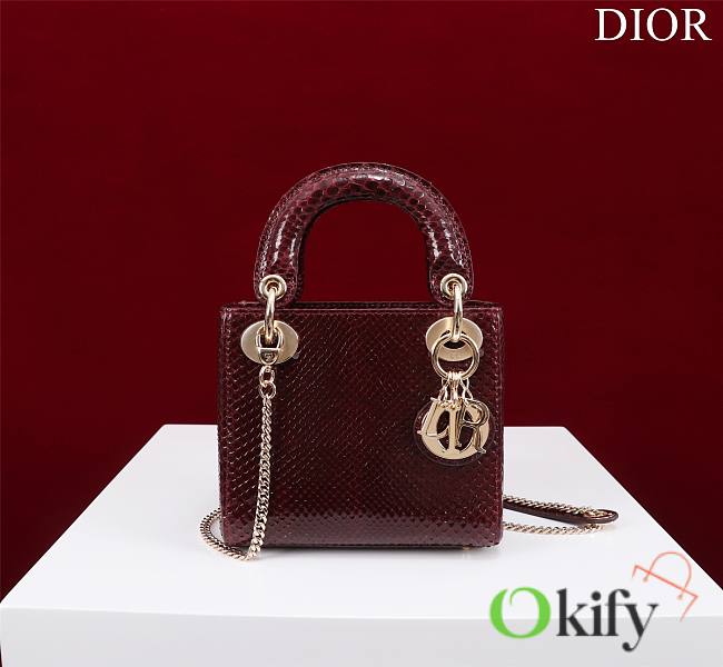 Okify Dior Lady Diana Three Grid Snakeskin In Wine Red 17x15x7cm  - 1