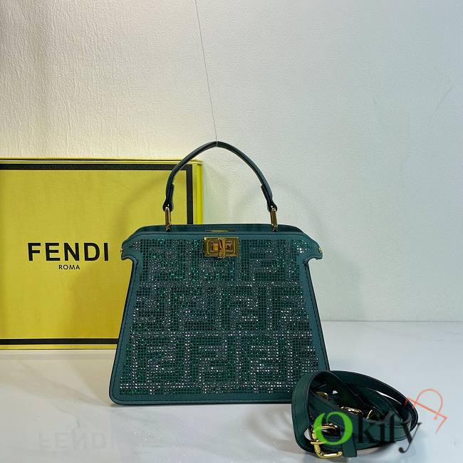 Okify Fendi Green Crystal Peekaboo ISeeU Bag 20x15x11cm  - 1