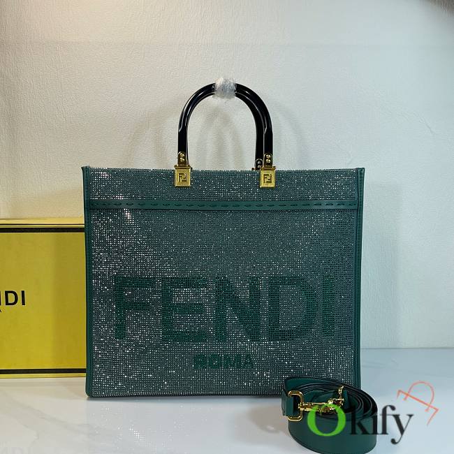 Okify Fendi Green Crystal Sunshine Tote Bag 35x31x13cm  - 1