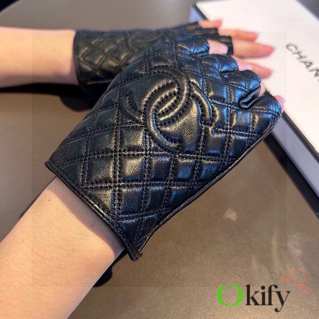 Okify Chanel Black Leather Fingerless Gloves 19528 - 1