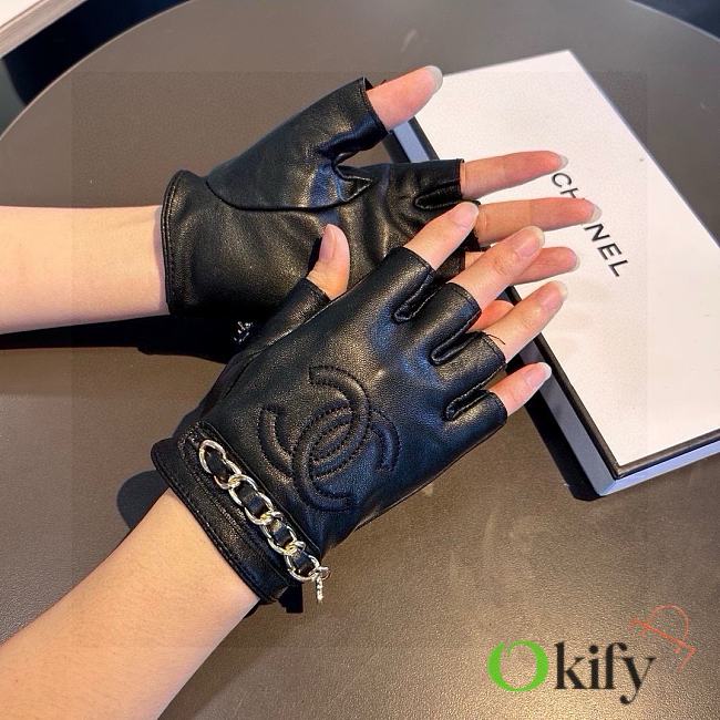 Okify Chanel Black Leather Fingerless Gloves With Chain 19532 - 1