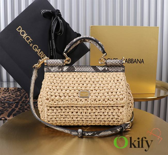 Okify Dolce & Gabbana crochet raffia and python skin sicily bag in beige 18x11x6cm - 1