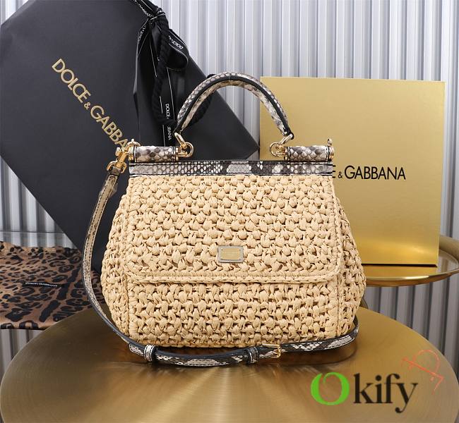 Okify Dolce & Gabbana crochet raffia and python skin sicily bag in beige 20x16x8cm - 1