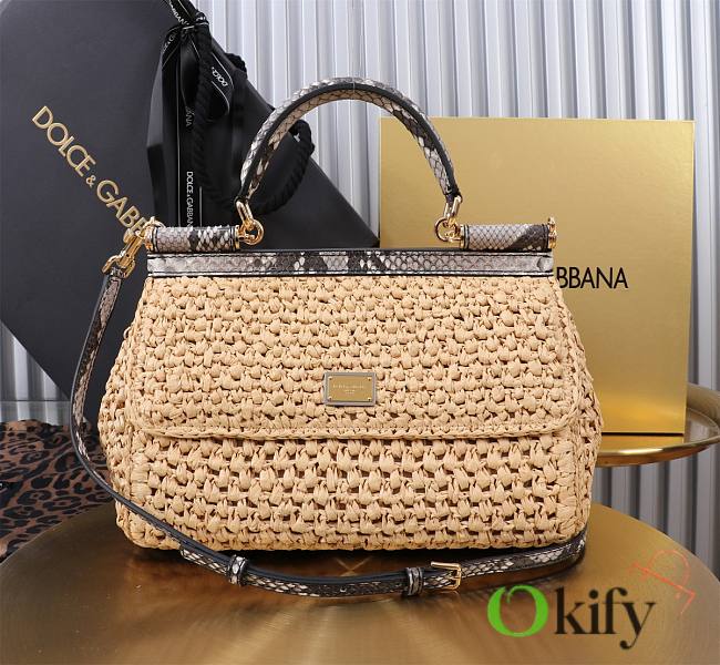 Okify Dolce & Gabbana crochet raffia and python skin sicily bag in beige 25x17x9cm - 1