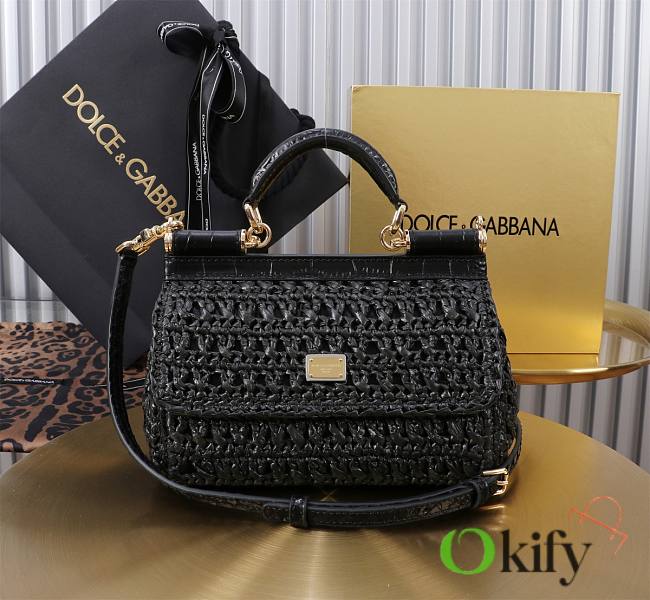 Okify Dolce & Gabbana crochet raffia elongated sicily bag in black 18x11x6cm - 1