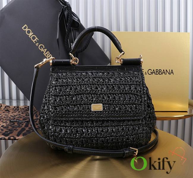 Okify Dolce & Gabbana crochet raffia elongated sicily bag in black 20x16x8cm - 1