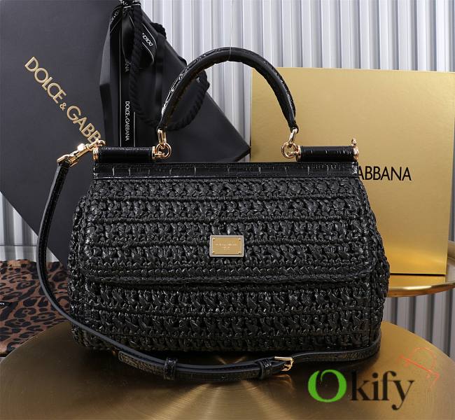 Okify Dolce & Gabbana crochet raffia elongated sicily bag in black 25x17x9cm - 1