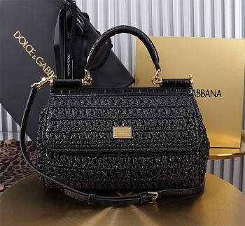 Okify Dolce & Gabbana crochet raffia elongated sicily bag in black 25x17x9cm