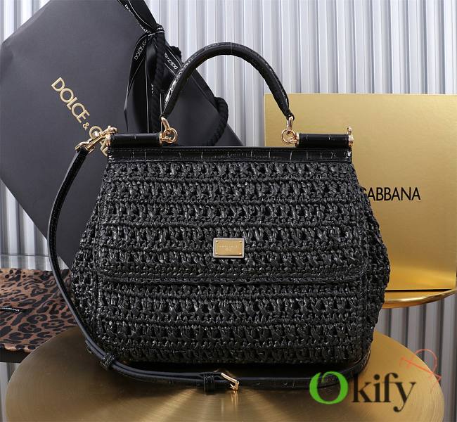 Okify Dolce & Gabbana crochet raffia elongated sicily bag in black 25x20x12cm - 1