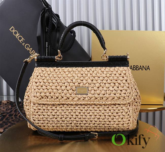 Okify Dolce & Gabbana crochet raffia elongated sicily bag in beige 25x17x9cm - 1