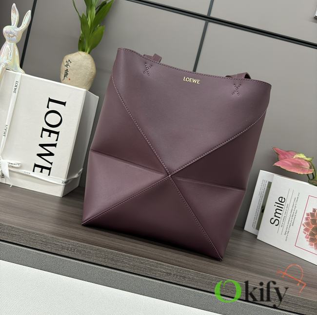 Okify Loewe Medium Puzzle Fold Tote Bag In Burgundy Shiny Calfskin 25.5x14.5x31.5cm  - 1