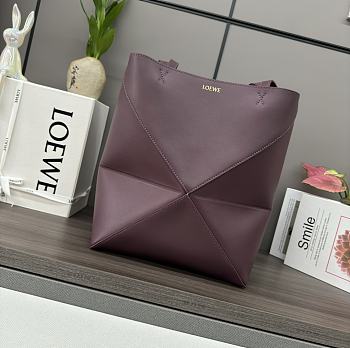 Okify Loewe Medium Puzzle Fold Tote Bag In Burgundy Shiny Calfskin 25.5x14.5x31.5cm 